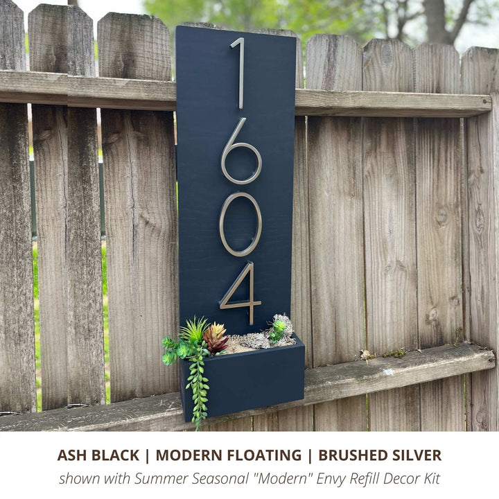 Ash Black Custom Sign with Brushed Silver Modern Floating House Numbers