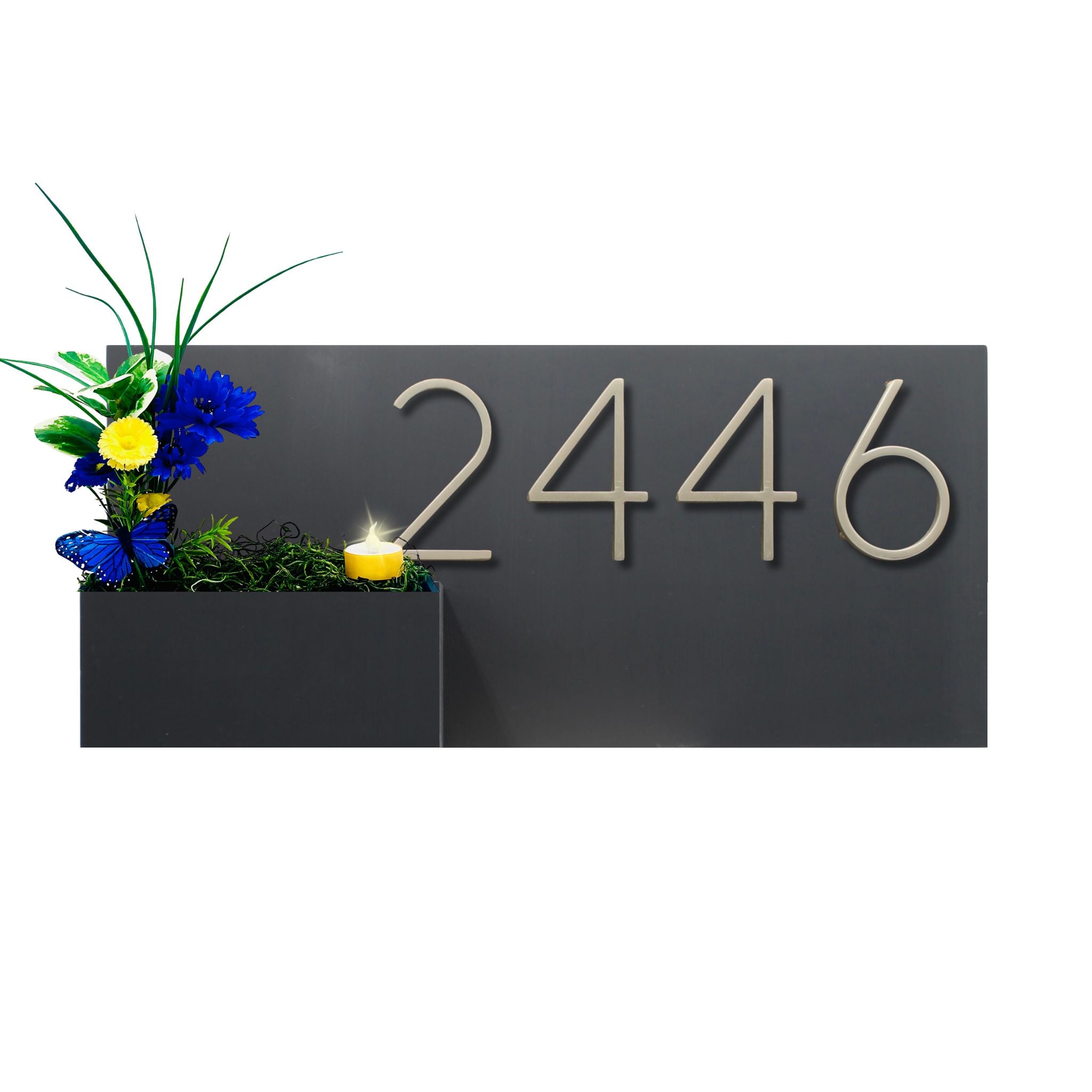 modern house number planter Horizontal House Number Sign with Metal Numbers and Planter Box Picket White / Brushed Nickel