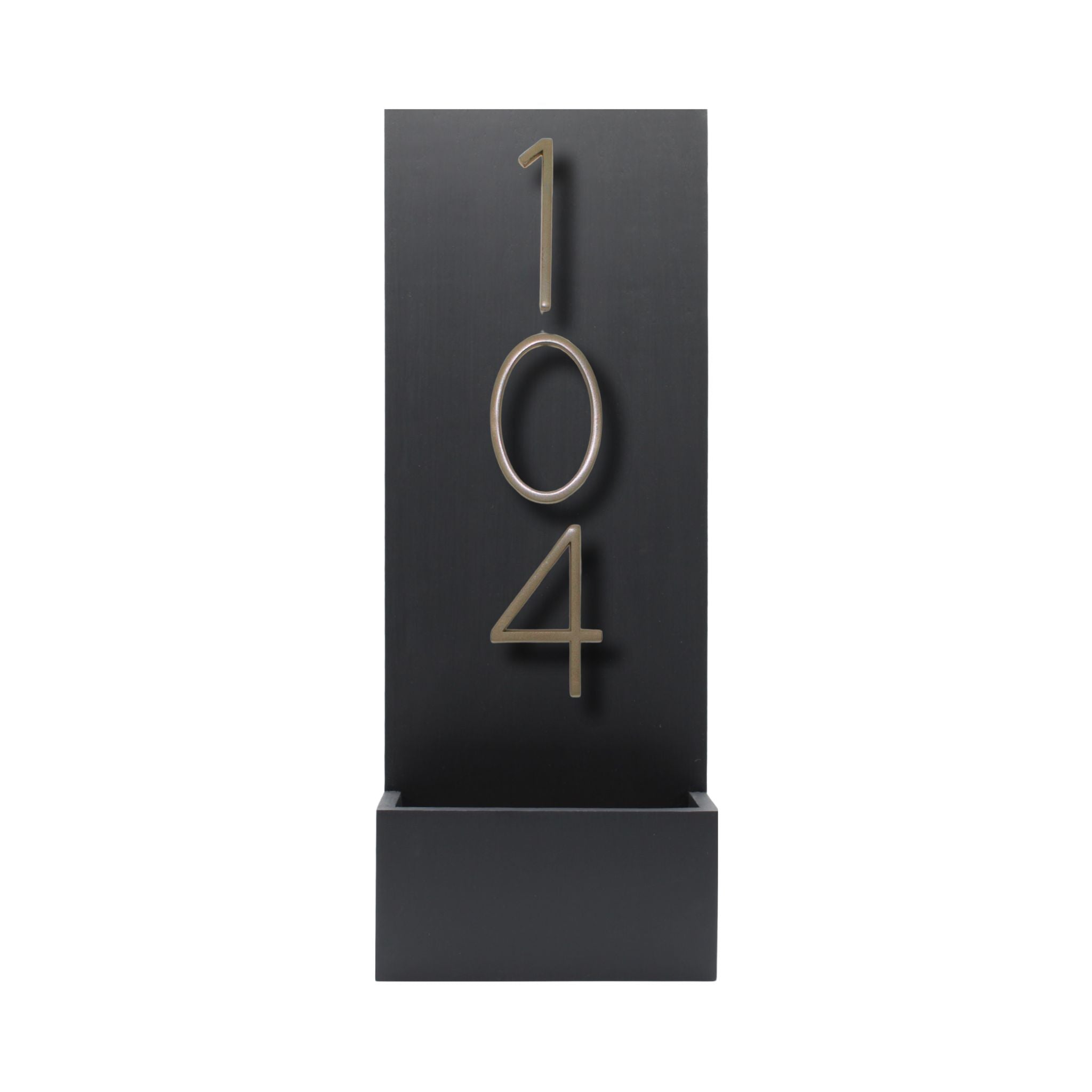 Black vertical modern house number sign featuring raised champagne gold numbers 104.