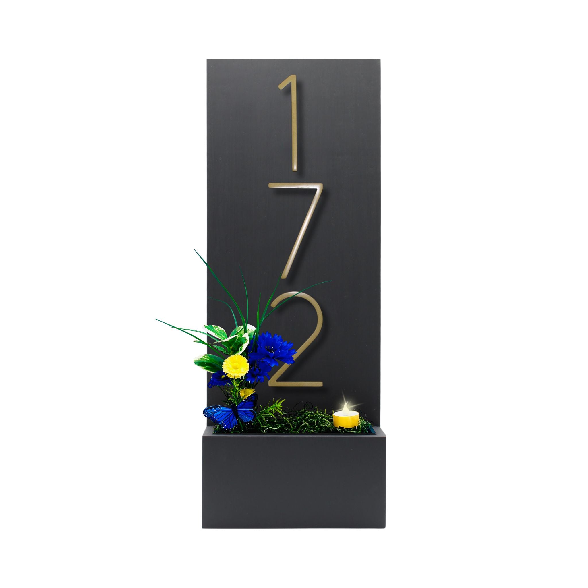 house number planter box Vertical Custom House Sign with Metal Numbers and Planter Box Rich Brown / Modern Gold