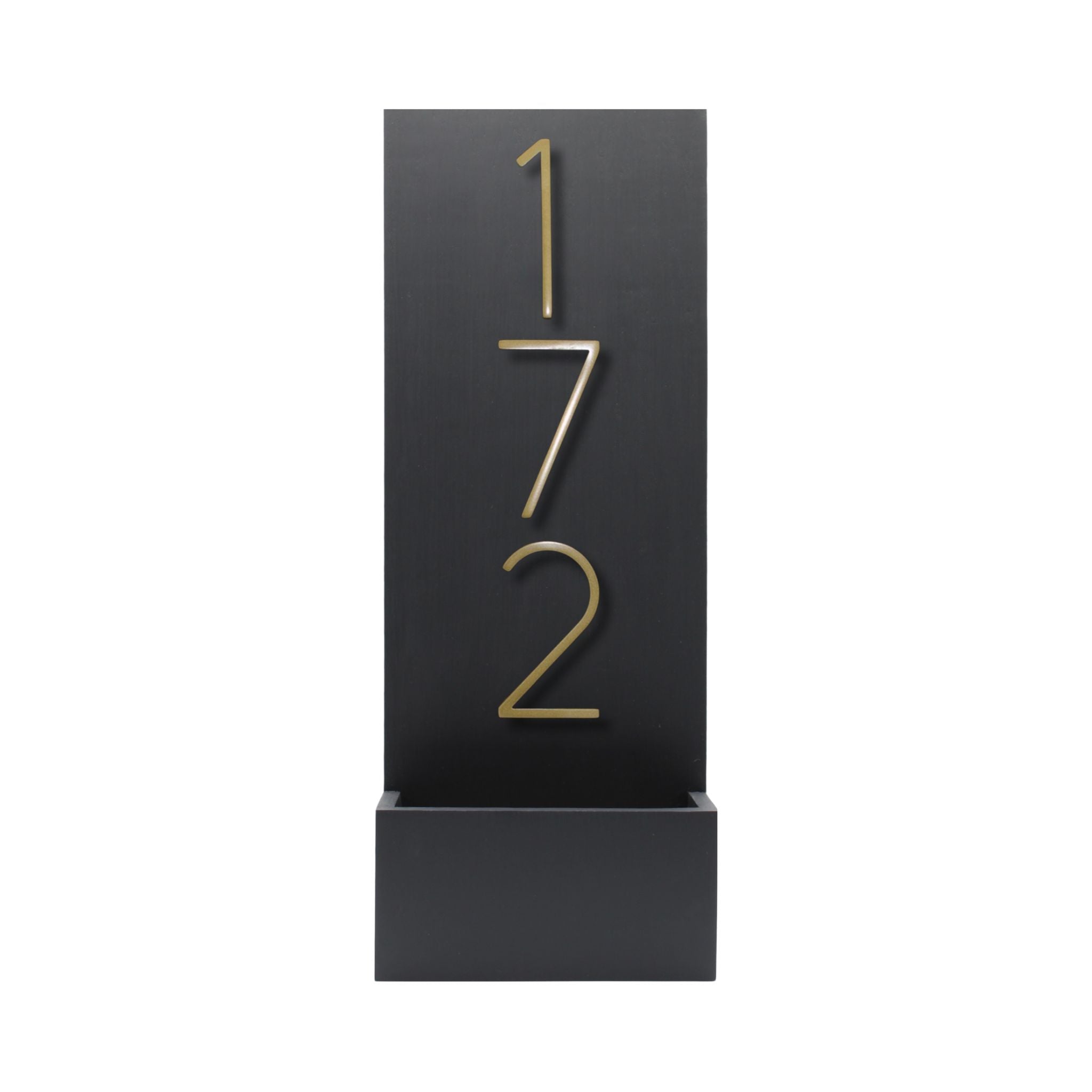 Black vertical modern house number sign with raised modern gold numbers 172.