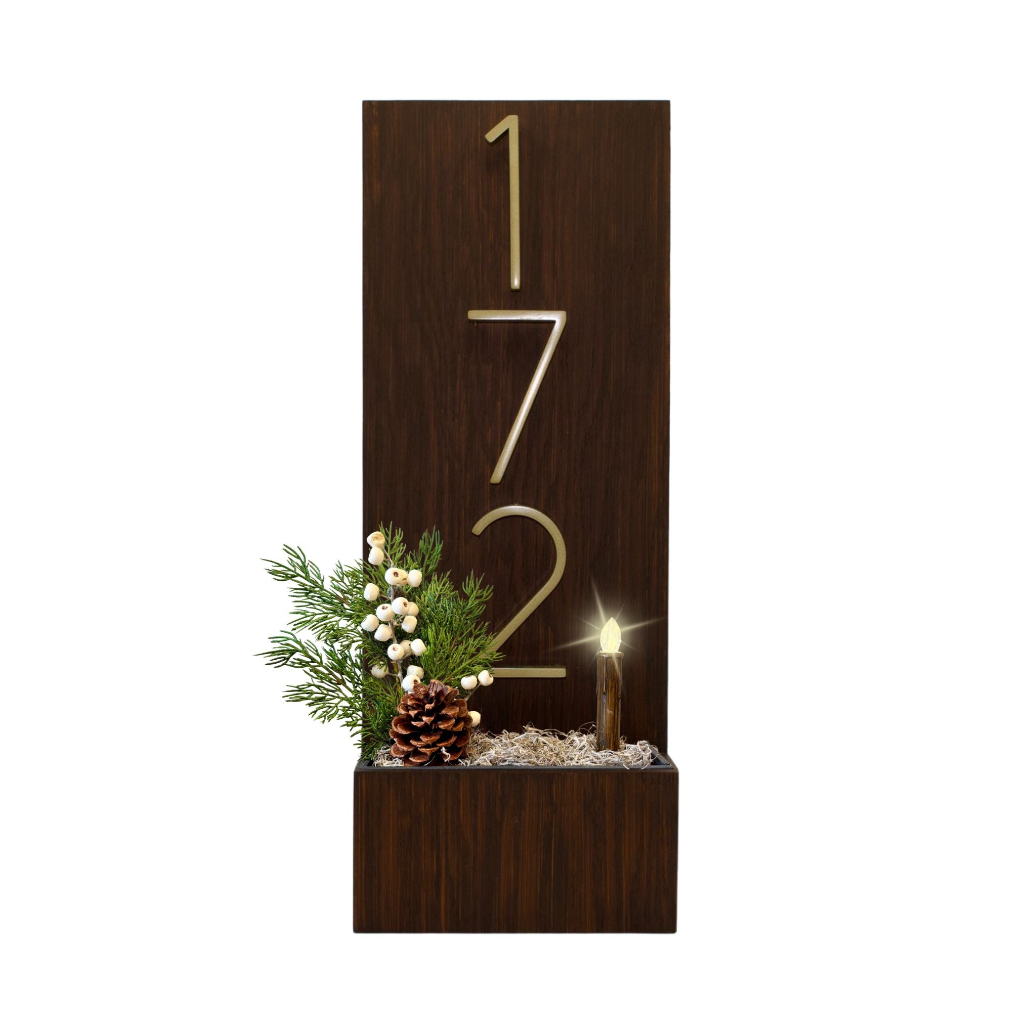 house number planter box Vertical Custom House Sign with Metal Numbers and Planter Box Rich Brown / Modern Gold