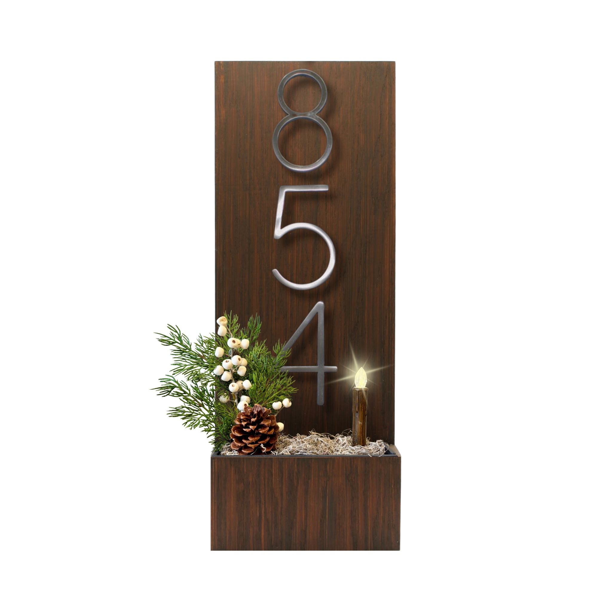 house number planter pots Vertical Custom House Sign with Metal Numbers and Planter Box Rich Brown / Modern Gold