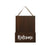 Dark brown wooden hanging house sign with white Thoughtful script lettering and brown rope hanger.