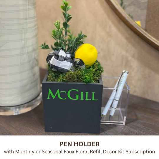 Business Envy with clear acrylic pen holder and custom logo available with monthly or quarterly faux floral refill decor kit subscription 