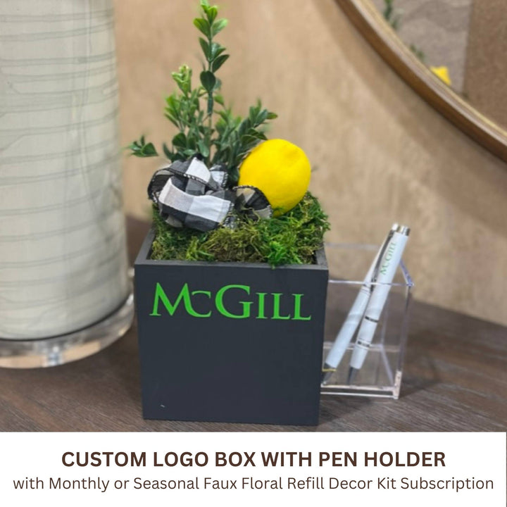 Business Envy with clear acrylic pen holder and custom logo available with monthly or quarterly faux floral refill decor kit subscription 