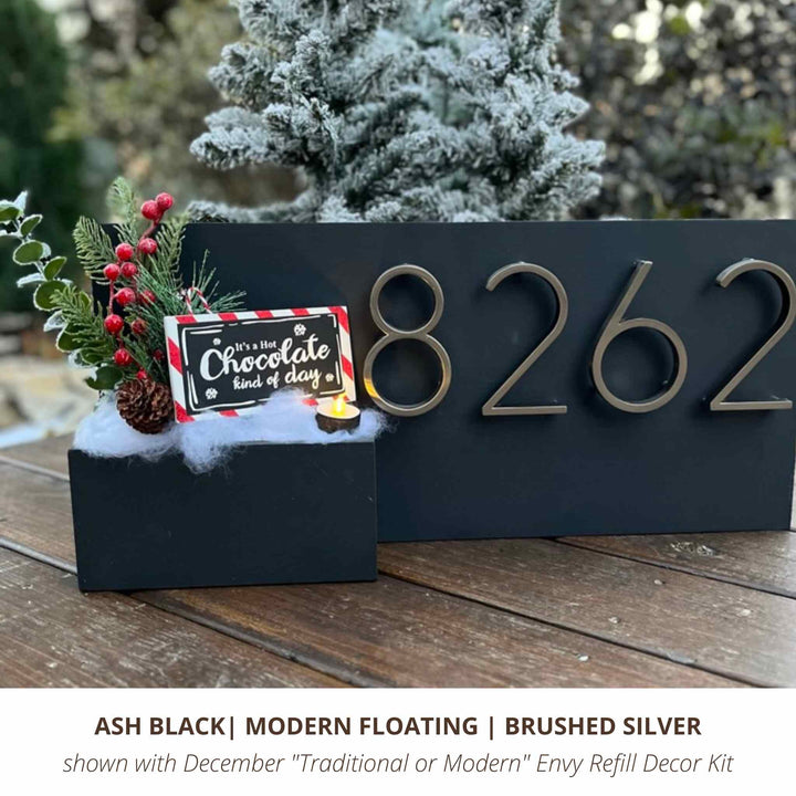 Copy of Horizontal Black Modern Floating House Number Sign in Brushed Silver with Christmas December Decor Kit and Hot Chocolate Sign