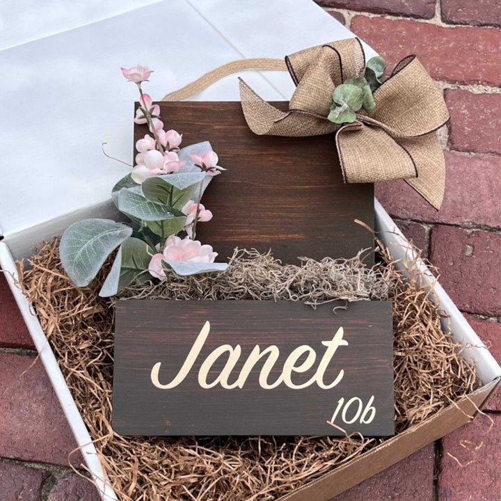 Entry Envy custom interior brown sign with gold personalized name with bow in gift box