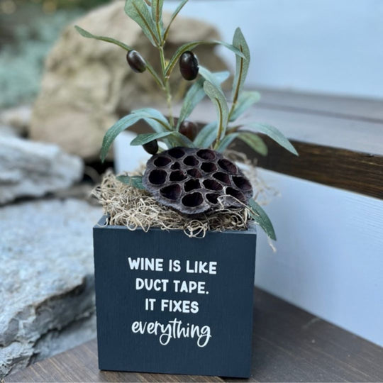 Little Envy Black Custom Box Wine is like duct tape White Lettering and subscription faux floral decor for monthly or quarterly