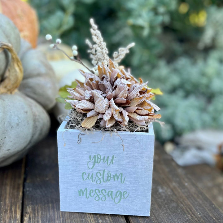 Little Envy White Custom Message Box with Light Sage Lettering and subscription faux floral decor for monthly or quarterly