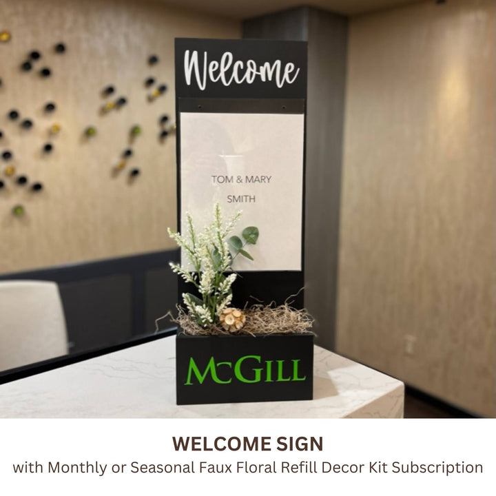 Black vertical Welcome sign for clients with custom logo and 8 ½
