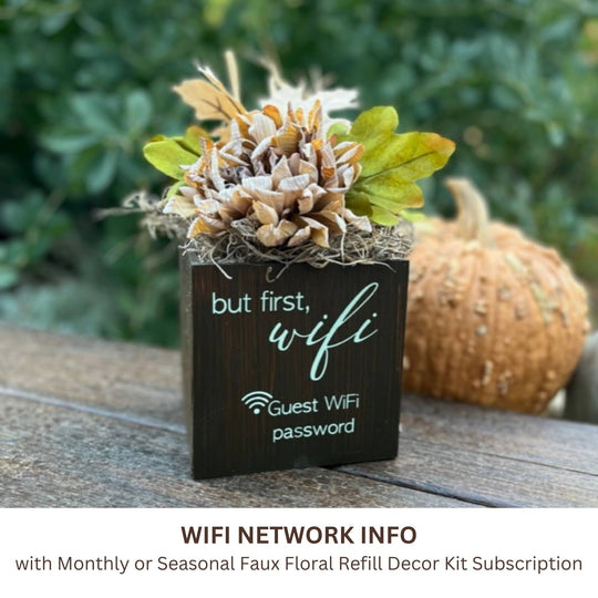 Corporate Envy box shown in brown and also available in black or white for conference room and lobby wifi network information and available with monthly or quarterly faux floral subscription refill decor kits