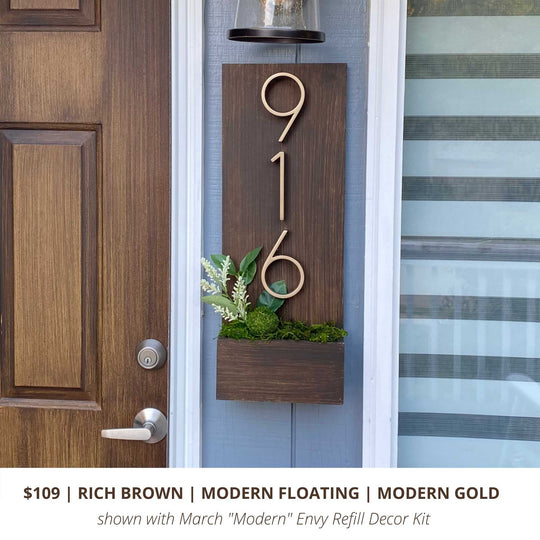 Rich Brown Vertical Custom House Sign with Floating Modern Numbers in Brushed Gold with Modern refill decor kit