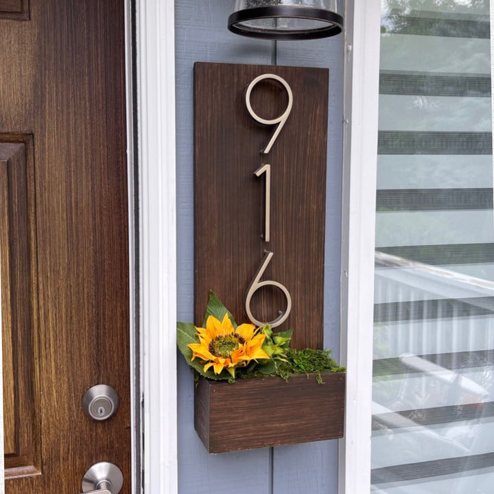 Custom brown vertical modern house number sign with yellow sunflower modern refill decor kit that makes a perfect closing gift.