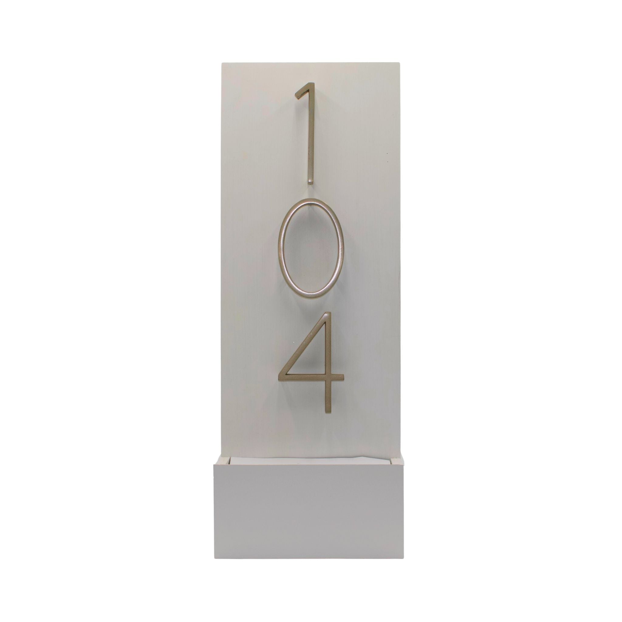 White vertical modern house number sign with raised champagne gold numbers 104.