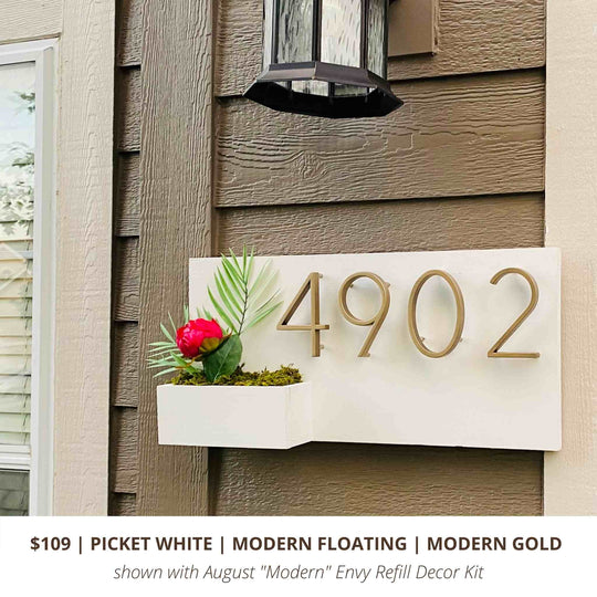 White Horizontal Modern Floating House Numbers in Modern Gold