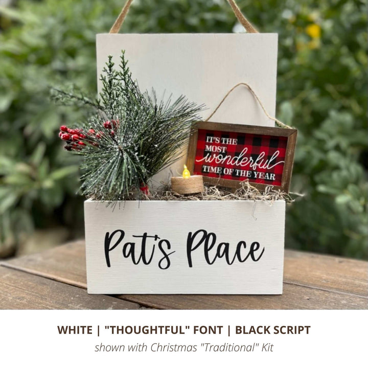 White interior hanging sign with thoughtful font and traditional Christmas kit