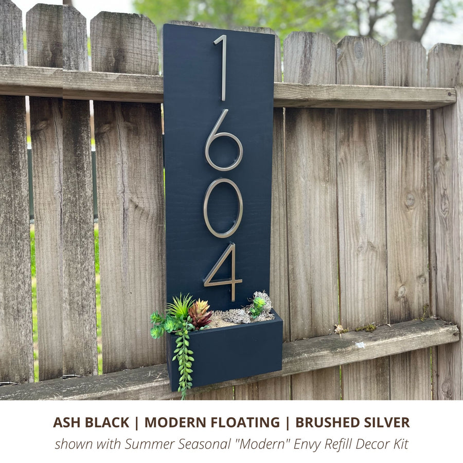 Ash Black Custom Sign with Brushed Silver Modern Floating House Number