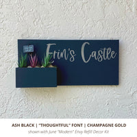 Black Horizontal Custom Hand-painted sign with Erin's Castle in Champagne Gold in Thoughtful Font