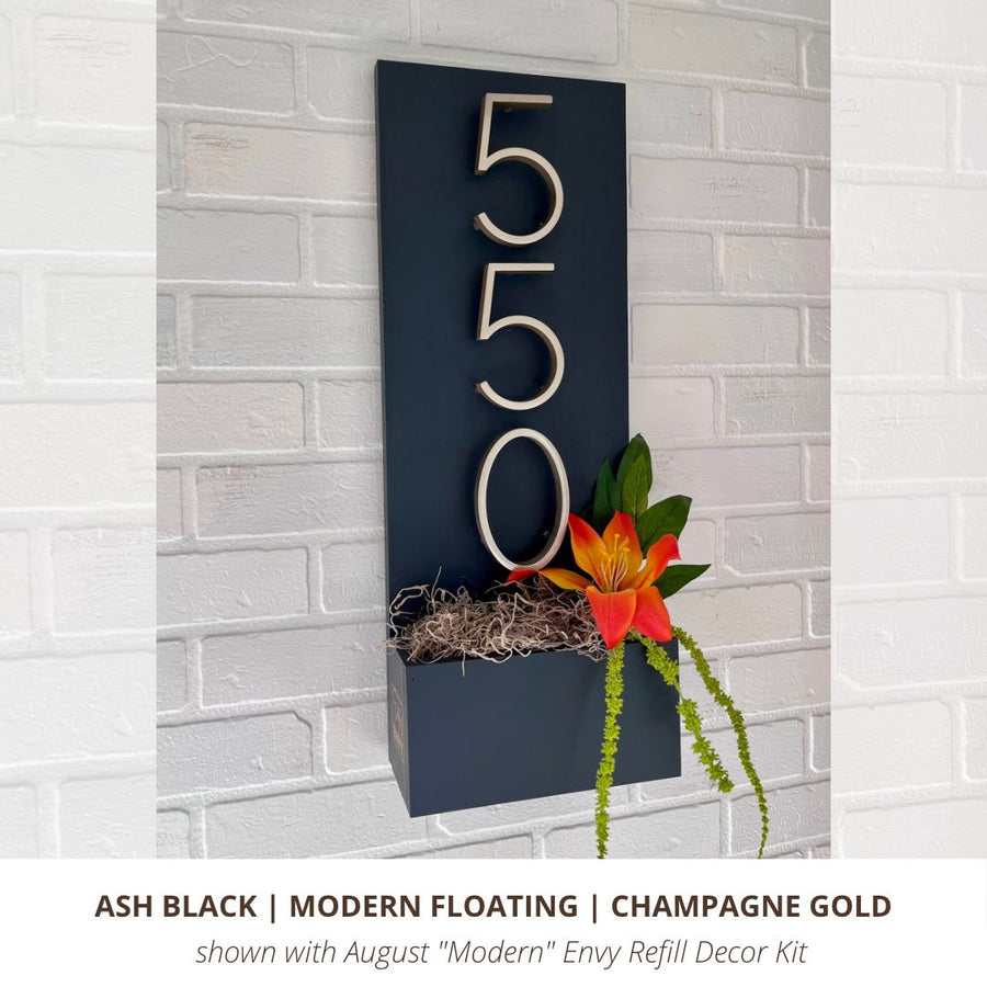 Black Vertical Custom House Number Sign with Champagne Gold Modern Floating House Numbers