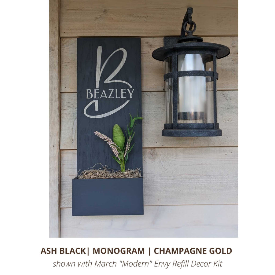Custom Black Vertical Exterior House Sign with Hand Painted Monogram Initial in Beazley Gold Script with Subscription Modern Refill Decor Kit