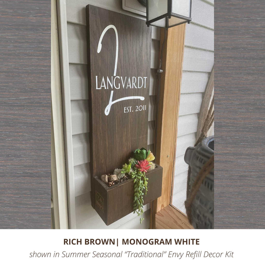 Custom Rich Brown exterior vertical house sign with white Last Name monogram with modern monthly refill kit