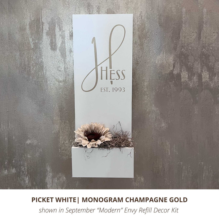 Custom exterior white vertical house sign with champagne gold monogram with modern monthly refill kit