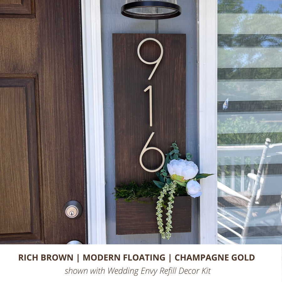 Great Wedding Gift Rich Brown Vertical Custom House Sign with Floating Modern Numbers in Brushed Gold with Modern refill decor kit for wedding gift