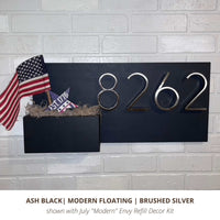 Horizontal Black Modern Floating House Number Sign in Brushed Silver