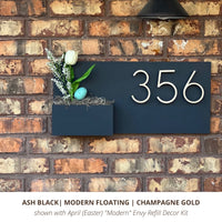 Ash Black Vertical Custom House Number Sign with Champagne Gold Modern Floating House Numbers