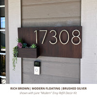Horizontal Brown Modern Floating House Number Sign in Brushed Silver June Summer Refill Decor Kit