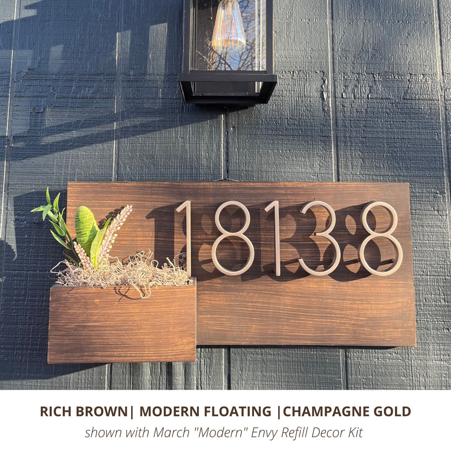 Horizontal Brown Modern Floating House Number Sign in Champagne Gold