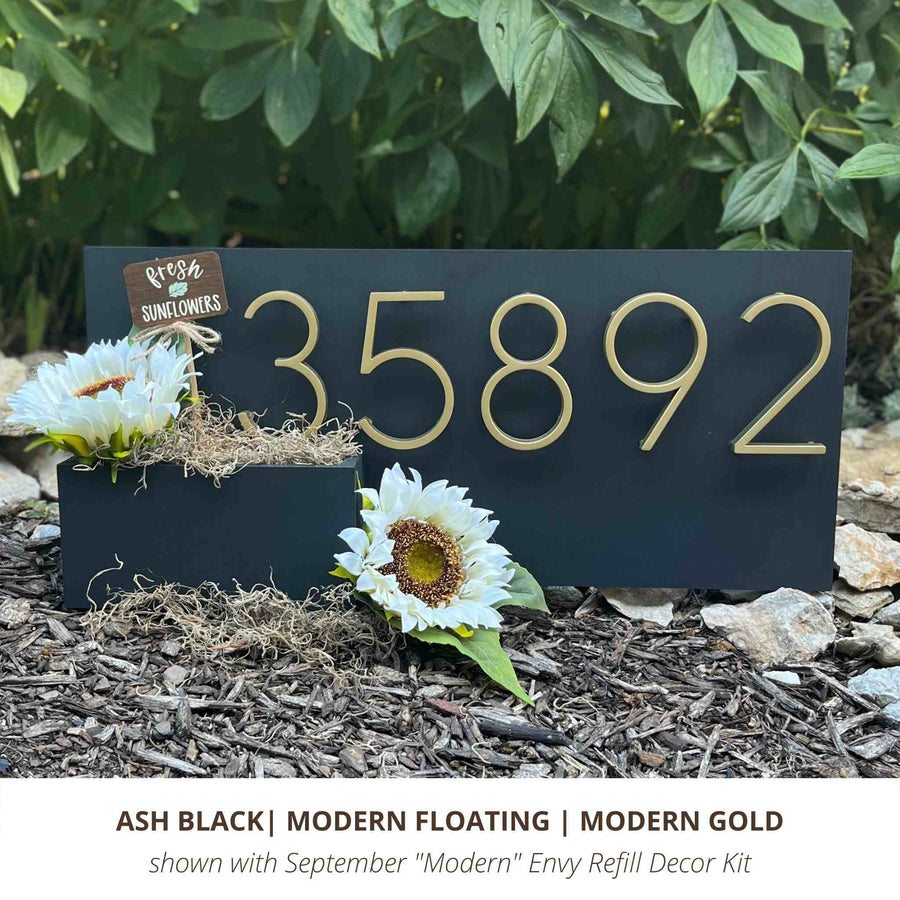 Horizontal Black Modern Floating House Number Sign in Modern Gold