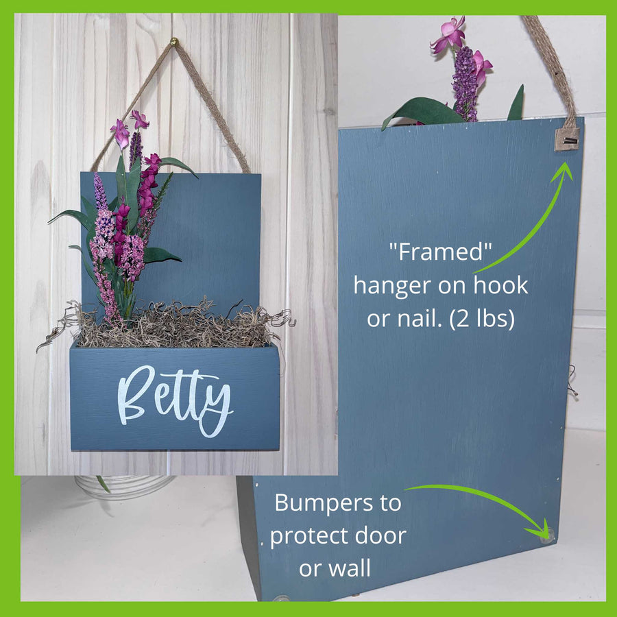 Framed hanger for hook or nail, with bumpers to protect door or wall