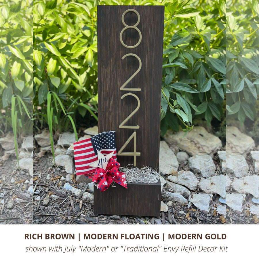 Rich Brown House Sign with Modern Gold Vertical Floating Numbers