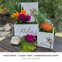 White interior hanging sign with Classy font and Summer kit Aloha