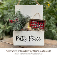 White interior hanging sign with thoughtful font and traditional Christmas kit