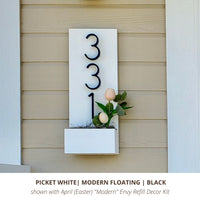 White vertical custom house numbers sign with black modern floating house numbers and Envy Modern Refill Decor Kit for Easter