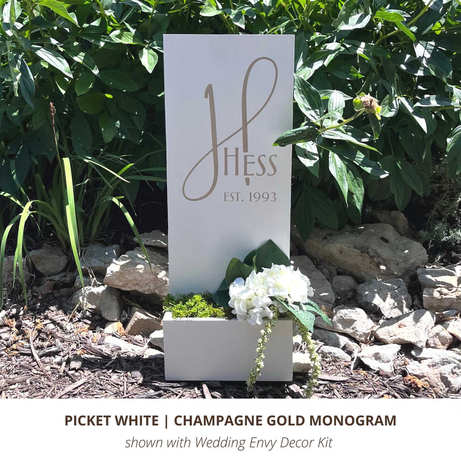 White vertical with gold monogram with Est date for wedding gifts